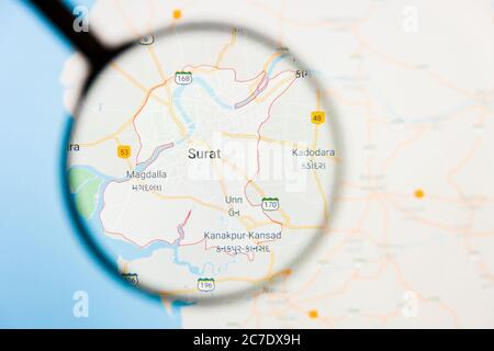 Surat city visualization illustrative concept on display screen through magnifying glass Stock Photo