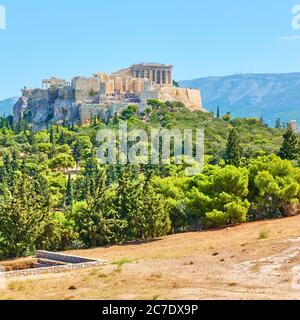 View of the Acropolis and from Hill of the Nymphs in Athens, Greece - Landscape Stock Photo