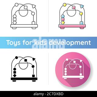 Bead maze toy icon. Roller coaster and labyrinth educational toys for kids. Shape and color recognition game. Sensory skills. Linear black and RGB col Stock Vector