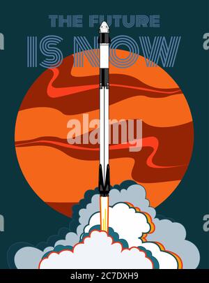 Rocket, space craft vector. 2019 March, 2 rocket launching. Vector poster spaceship Mars flame steam blue background Stock Vector