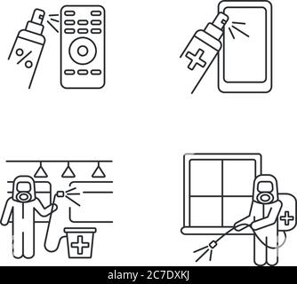 Sterilization pixel perfect linear icons set. Transport and room fumigation, handheld devices cleaning customizable thin line contour symbols. Isolate Stock Vector