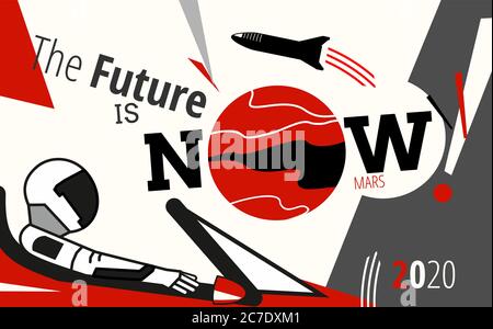 Starman in space suit on Tesla Roadster. Space rocket spaceship Mars vector retro illustration poster. Future is Now art Stock Vector