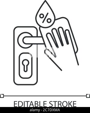 Door knob disinfection pixel perfect linear icon. Surface cleaning thin line customizable illustration. Contour symbol. Door handle and wipe vector is Stock Vector