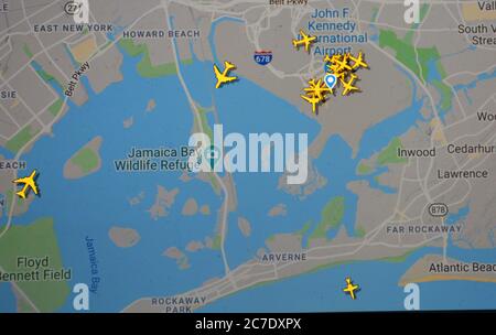 air traffic over JFK international airport (16 july 2020, UTC 16.02)  on Internet with Flightradar 24 site, during the Coronavirus Pandemic period Stock Photo