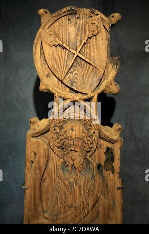 The medieval pew ends from Saint Olav's church at Kirkjubøur display in the National Museum of the Faroe Islands.Torshavn.Streymoy.Territory of Denmark Stock Photo