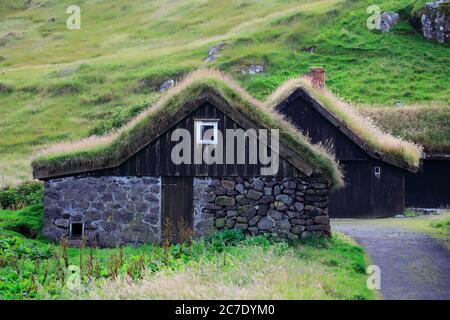 Turf roof dwellings in Hoyvíksgarður Farm.Nowadays the Open Air Museum of National Museum of the Faroe Island.Torshavn.Streymoy.Faroe Islands.Territory of Denmark Stock Photo