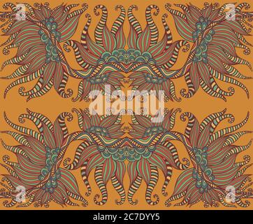Mystic tribal shamanic ethnic floral pattern, isolated on terracotta background. Stock Vector