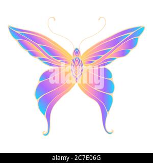 Butterfly with patterned wings, bright gradient orange purple blue color, isolated white background Stock Vector