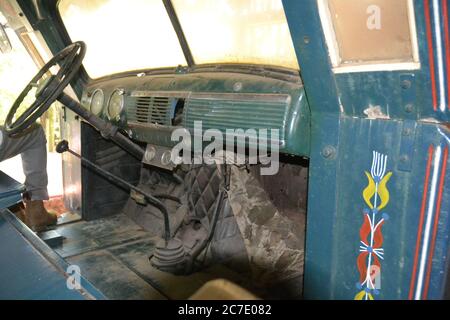 Interior of a vintage Chevrolet truck used in Brazil as an interstate bus, on display ecotourism farm ,  Brasil, South America Stock Photo