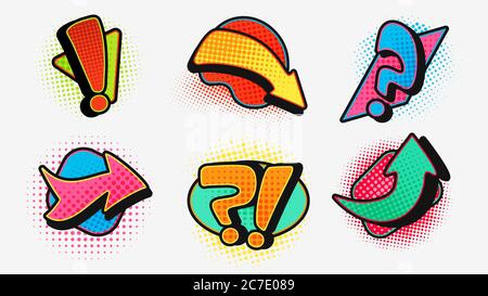 Pop art question with exclamation arrow set. Modern graphic design of pointers sudden shock in comic setting. Stock Vector