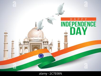 taj mahal with15th August Happy Independence Day of India. vector illustration of wavy Indian flag and pigeon Stock Vector