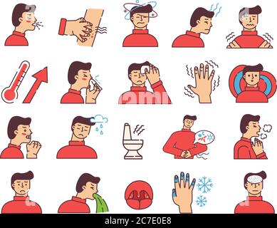 Symptoms of disease icons. Strong coughing character weather surges in pressure vomiting and diarrhea in case poisoning. Stock Vector
