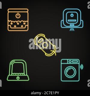 Neon house gadgets and pet care icon set. Pet feeder, auto litter box, smart washer and robot vacuum cleaner. Vector illustration. Stock Vector