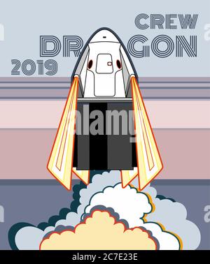 Rocket, space craft vector. 2019 March, 2 rocket launching. Vector poster spaceship, flame and steam Stock Vector