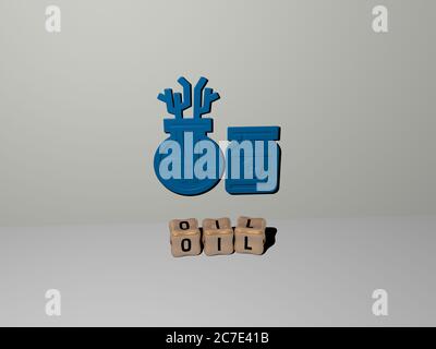 3D representation of OIL with icon on the wall and text arranged by metallic cubic letters on a mirror floor for concept meaning and slideshow presentation. background and illustration Stock Photo
