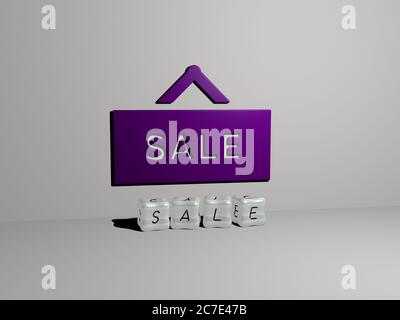 3D representation of SALE with icon on the wall and text arranged by metallic cubic letters on a mirror floor for concept meaning and slideshow presentation. illustration and background Stock Photo