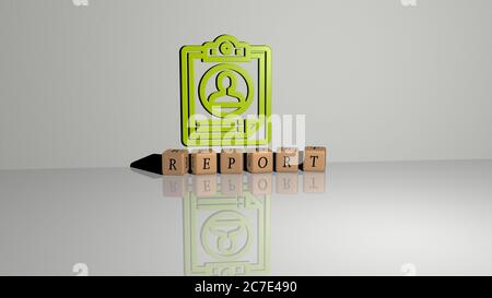 3D graphical image of report vertically along with text built by metallic cubic letters from the top perspective, excellent for the concept presentation and slideshows. business and illustration Stock Photo