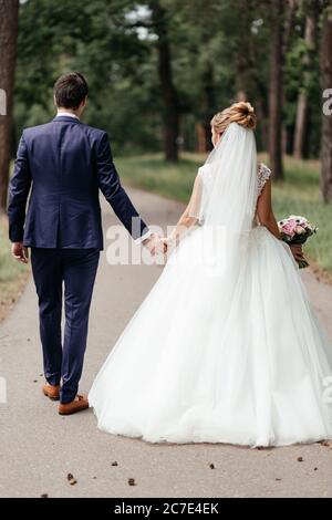 Bride in wedding dress and bridal veil and groom in suit walking in the park holding hands photographed from the back Stock Photo
