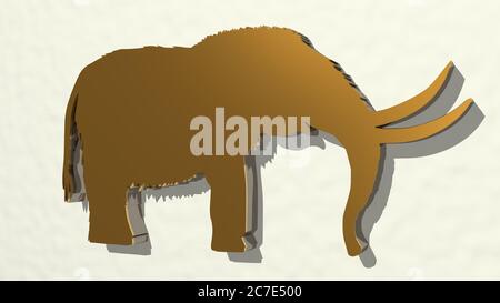 MAMMUT ANCIENT ELEPHANT on the wall. 3D illustration of metallic sculpture over a white background with mild texture. architecture and building Stock Photo