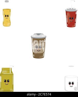 Set of drinks cartoons . Cartoon of coffe cup, juice bottle, soda and milk bottle - Vector Stock Vector