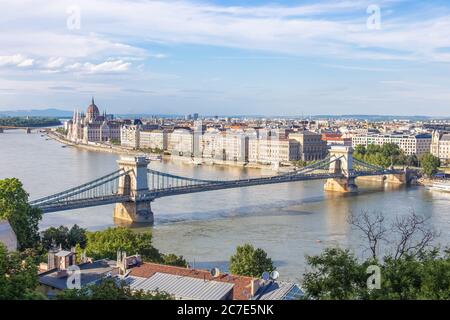 Szechenyi chain bridge with river Danube, Budapest, Hungary Stock Photo