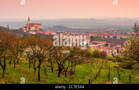 Mikulov Castle in South Moravia, Czech Republic as Seen from Orchard Stock Photo