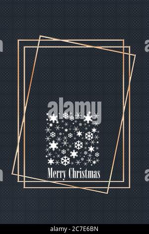 Elegant luxury Christmas New Year background with abstract pastel silver gift box made from snowflakes on black background with gold frames, text Merry Christmas. 3D illustration. Copy space, banner Stock Photo