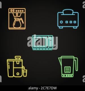 Neon kitchen smart gadgets icon collection. Coffee machine, smart toaster, microwave oven, juicer and kettle. Vector illustration. Stock Vector