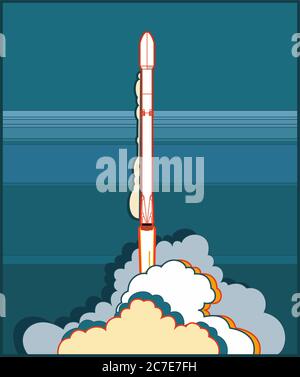 Rocket space craft vector rocket launching. Vector poster spaceship, flame steam blue background. Vertical space poster Stock Vector