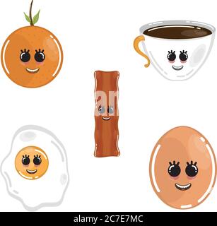 Set of food cartoon. Cartoons of coffee cup, orange, bacon and eggs - Vector Stock Vector