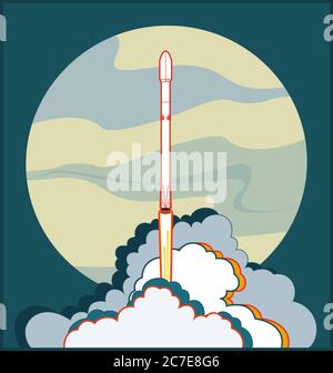 Rocket, space craft vector rocket launching. Vector poster spaceship. Yellow blue moon flame clouds steam space poster Stock Vector