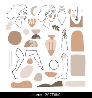 Vector set of artistic and abstract graphic objects. Illustrations of female portraits and vase silhouette in minimal linear style. Modern cubism art Stock Vector