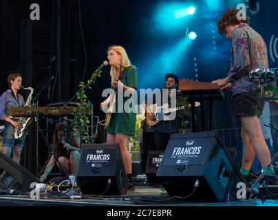 French singer songwriter, Laurence-Anne performs on stage at the Francos French music festival in downtown Montreal, Canada Stock Photo