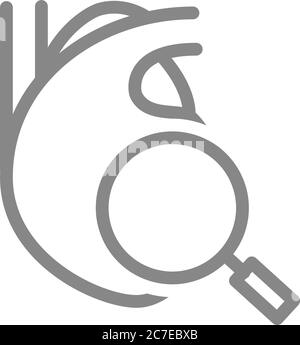 Heart with magnifying glass line icon. Organ research, disease prevention symbol Stock Vector