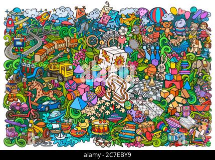 Cartoon cute doodles hand drawn kids toys illustration Stock Vector