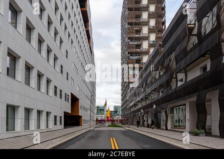 Children playground in street of Modern district in Oslo, Norway, Scandinavia. Office urban buildings in Bjorvika Stock Photo