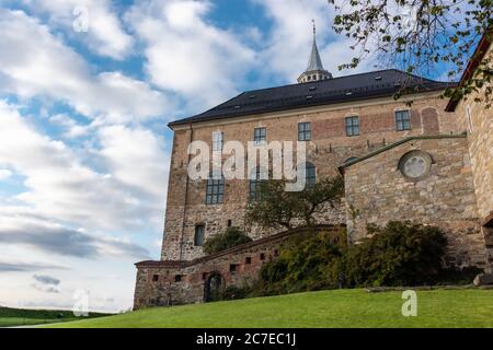 Medieval castle Akershus Fortress on bright sunny autumn day in Oslo, Norway. European fort structure landmark Stock Photo