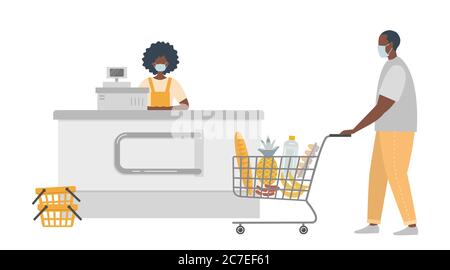 Supermarket cashier during coronovirus epidemic. Young black woman in a medical mask sitting at the cash register. Buyer is also wearing a mask Stock Vector