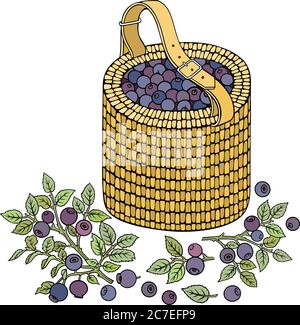 Blueberries in basket. Cartoon vector illustration Stock Vector