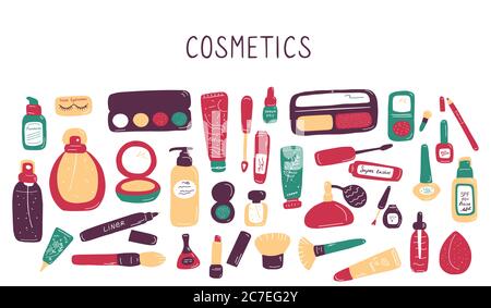 Visage set. Makeup and beauty elements. Skin Care Cosmetics and Decorations. Hand drawn doodle vector illustration Stock Vector