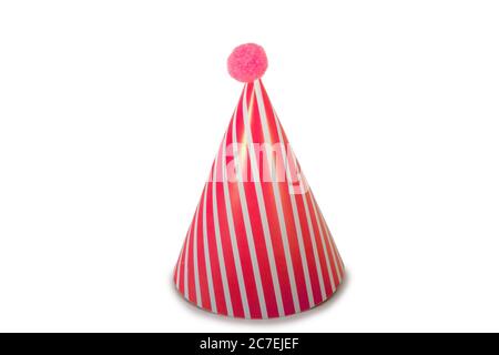 A Red Birthday Hat with Stripes on a Pure White Background Stock Photo