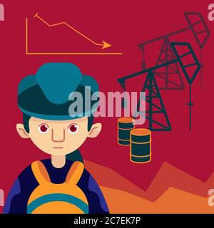 Female worker and oil production on burgundy backdrop. Oil rate drop graph for financial or web news site, infographics template. Business poster or i Stock Vector