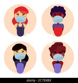 Humans in masks on white isolated backdrop. Multinational people for social banner, hygiene propaganda, medical poster. Social network logo or cloth p Stock Vector