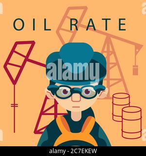 Female worker and oil burrels on yellow backdrop. Oil derricks for financial or web news site, business poster, info card. Web template, t shirt or ho Stock Vector