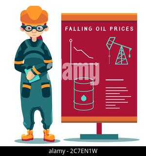 Female engineer reports on white isolated backdrop. Falling oil prices for financial or web news site, infographics template. Business poster or info Stock Vector