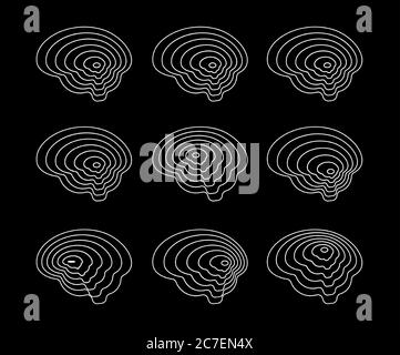 Set of contour brain shapes, topographic maps, abstract hiking collection, modern logo template, top view vector illustration Stock Vector