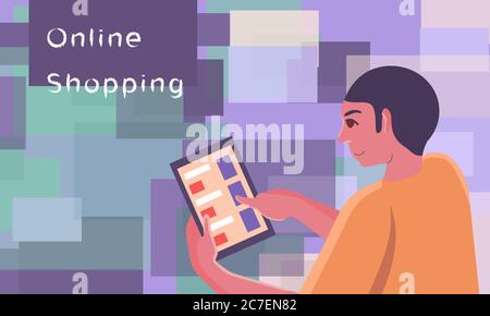 Online shopping text on mosaic backdrop. Internet order with copy space for social banner, web store or Courier service poster. Online shop logo or in Stock Vector