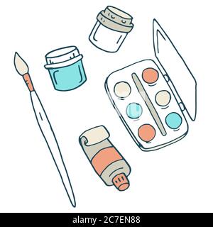 Watercolor tools sticker set on white isolated backdrop. Painting stuff for invitation or gift card, notebook, scrapbook. Phone case or cloth print ar Stock Vector