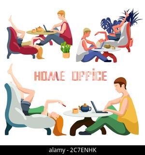Home office on white isolated backdrop. Online studying for website or social banner, remote job vacancy, info card, labor exchange. Web template or l Stock Vector