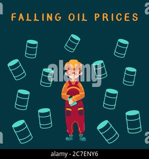Female worker and gasoline burrels on blue backdrop. Falling oil prices text for financial, web news site, business poster or info card. T shirt or ho Stock Vector
